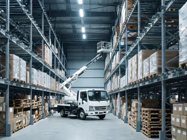 Warehouse aisle and mast clearance around a truck mounted boom