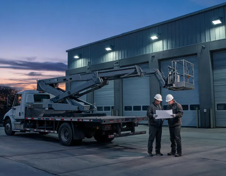 Truck bed boom lift staged at a warehouse dock for a sourcing brief